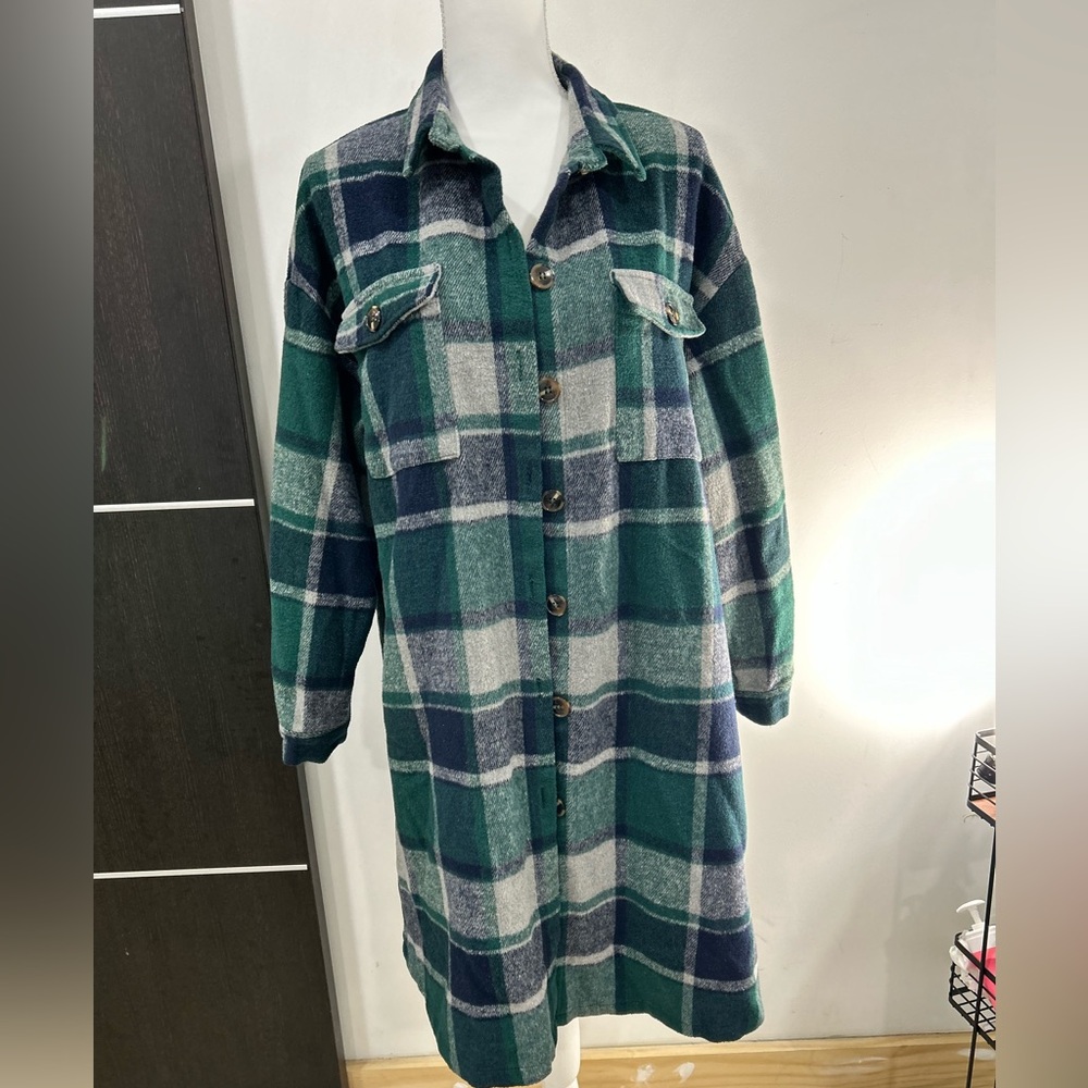 SHEIN Green and Blue Plaid Long Jacket